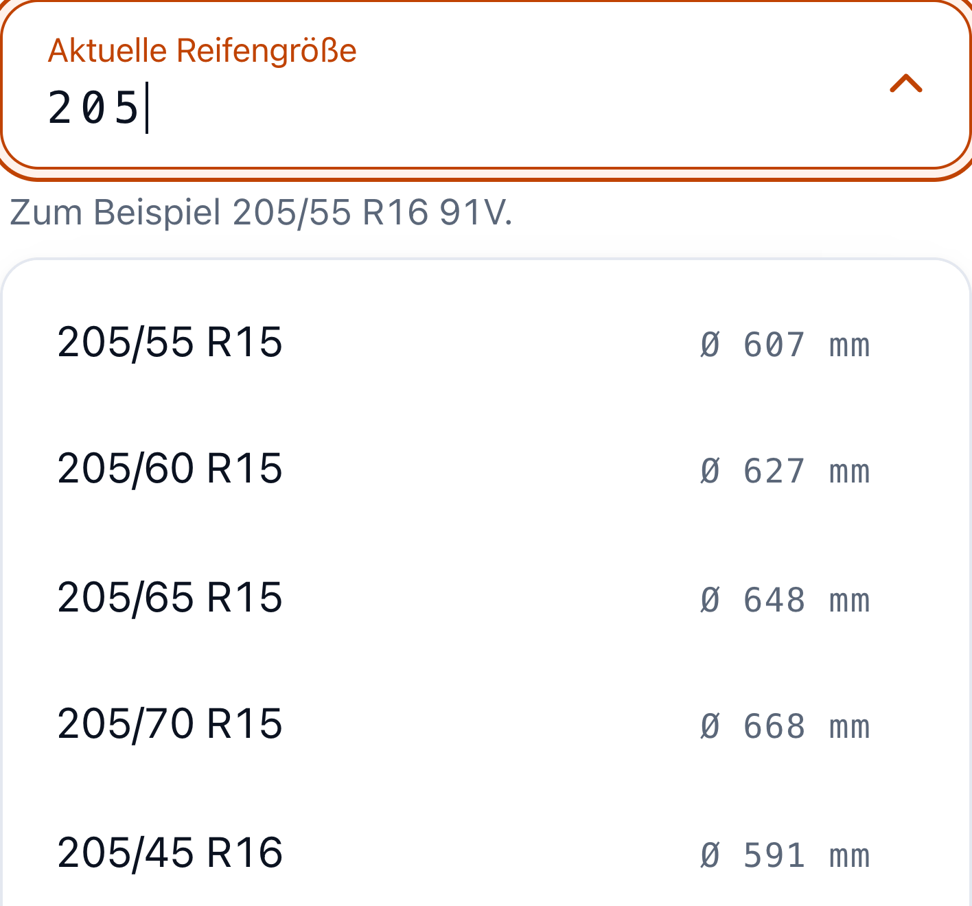Reifenrechner: das Feld Aktuelle Reifengröße mit der Eingabe 205/55 R16 und der geöffneten Vorschlagsliste.